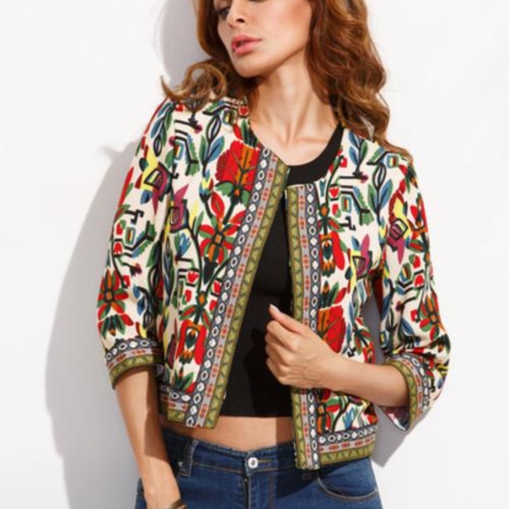 Multicolor Tribal Print Outwear With Embroidered